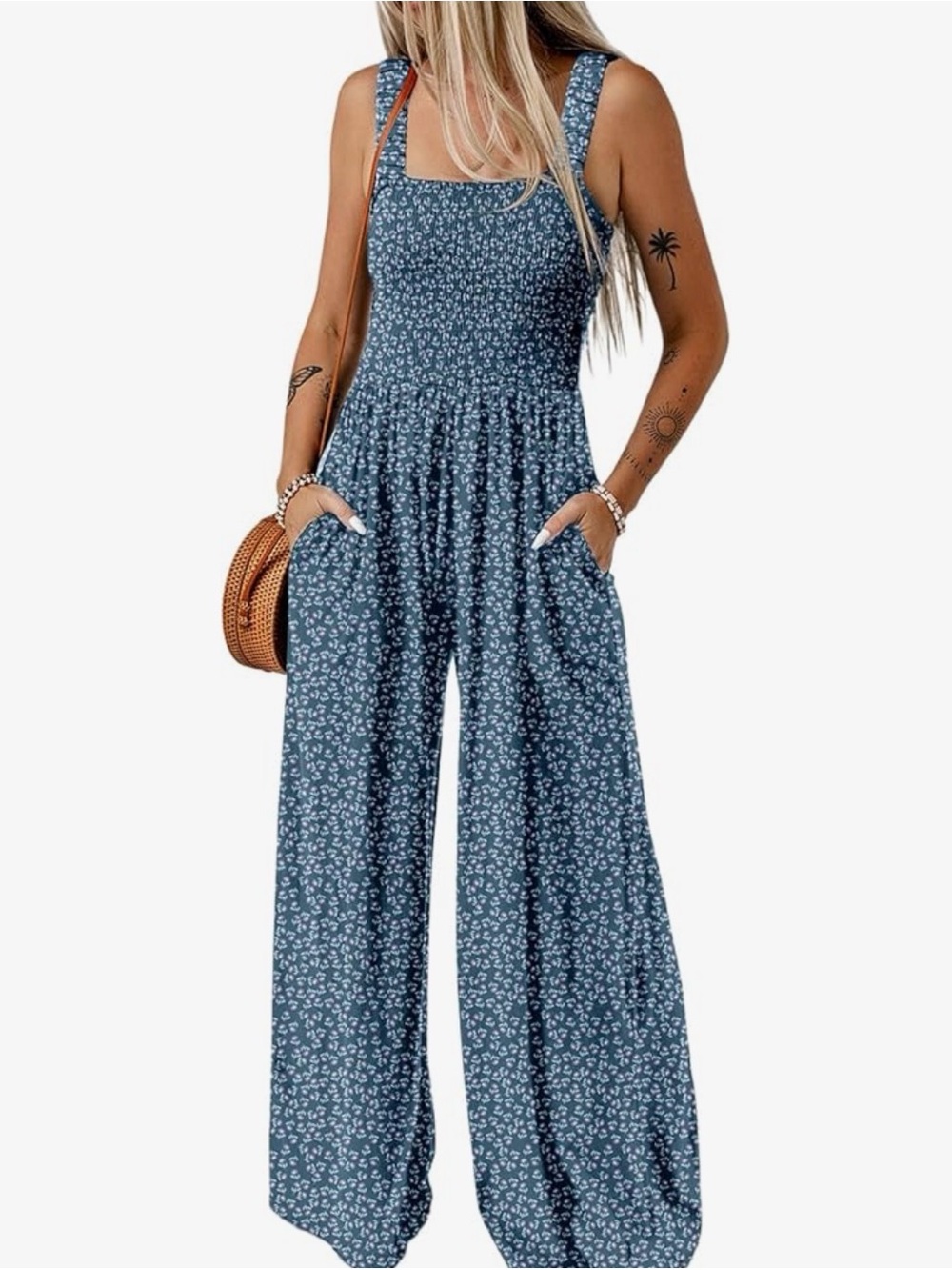 Amazon Blue Floral Smocked Wide-Leg Jumpsuit